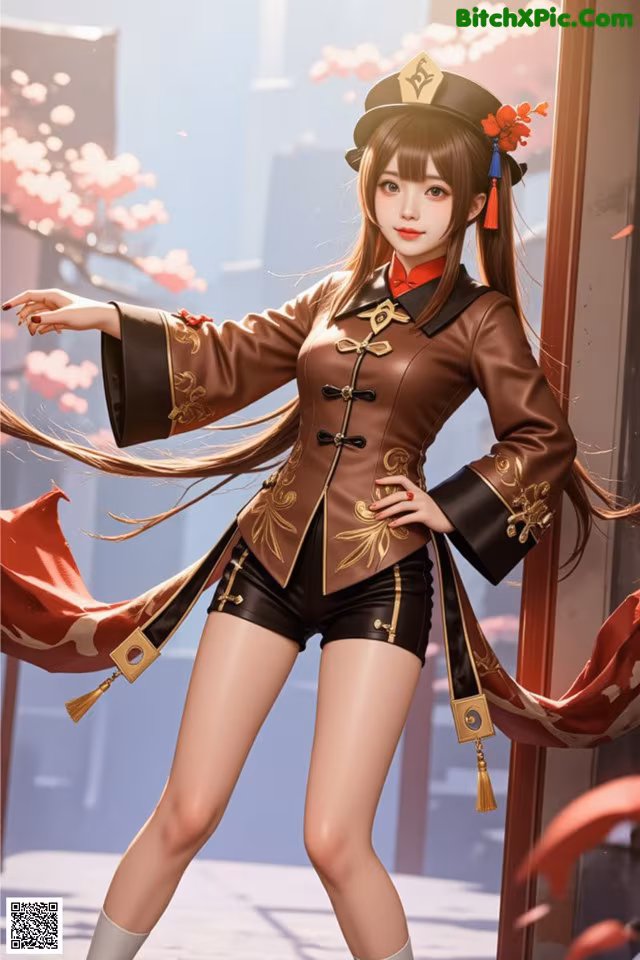 A woman in a brown jacket and black shorts holding a red flag.