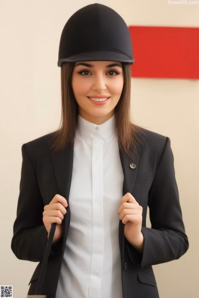 A woman in a black suit and a white shirt.