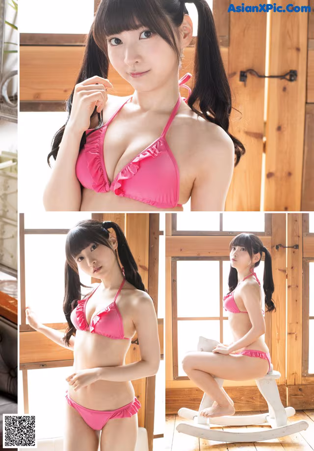 A woman in a pink bikini sitting on a rocking chair.