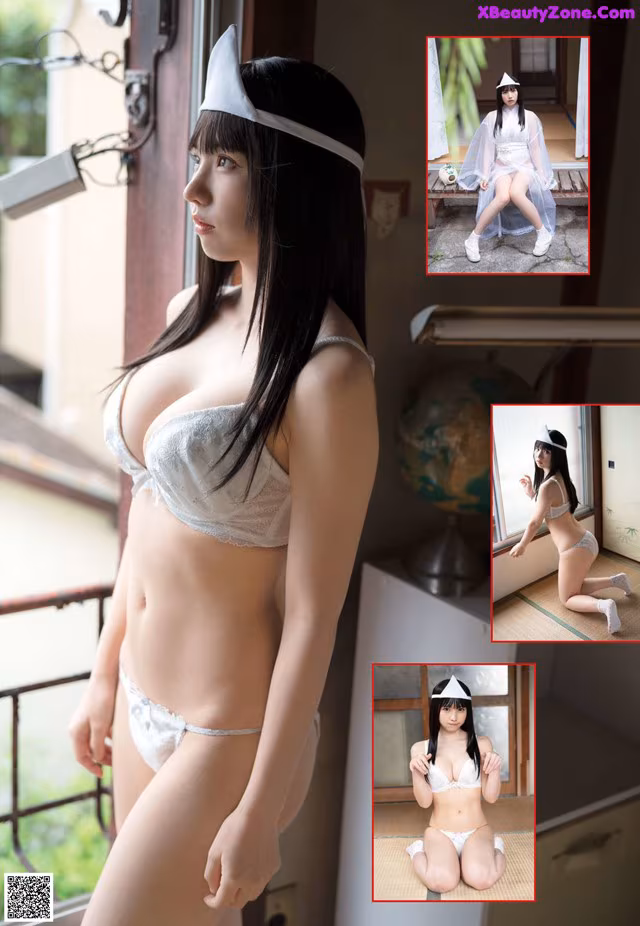 A woman in a white lingerie posing for a picture.