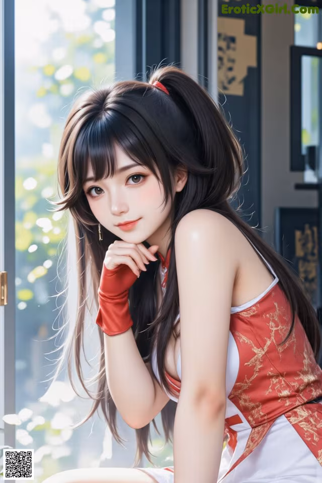 A woman with long hair and a red and white outfit poses thoughtfully indoors.