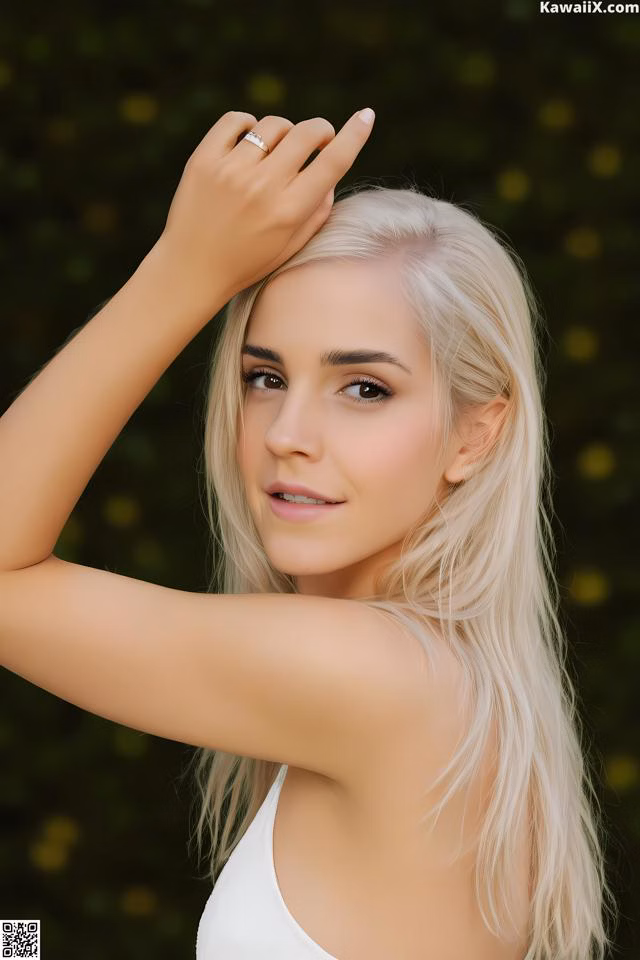 A woman with long blonde hair and a ring on her finger.