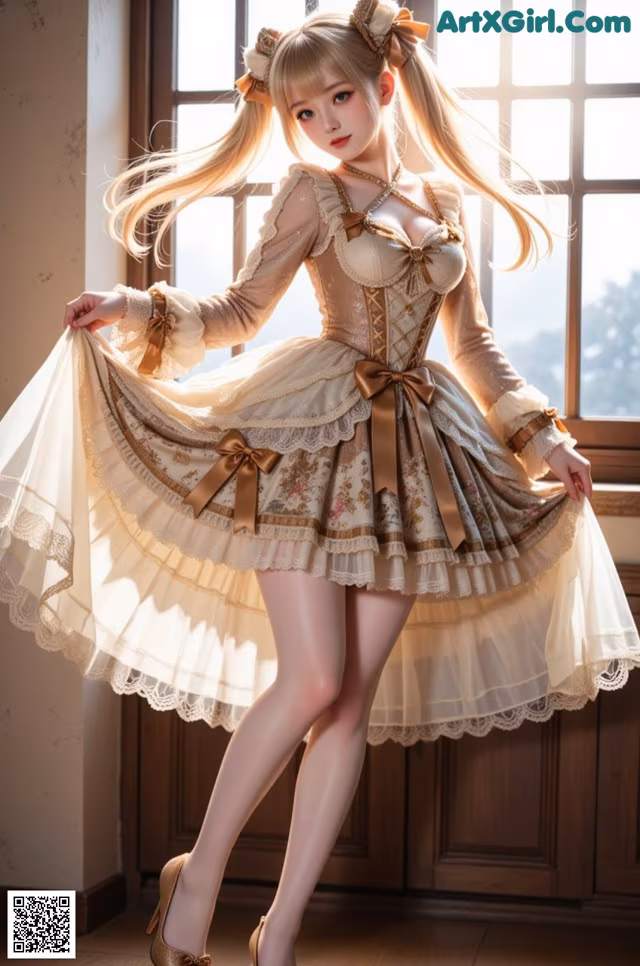 A woman in a dress is posing in front of a window.