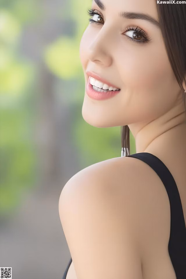 A woman in a black dress smiling at the camera.