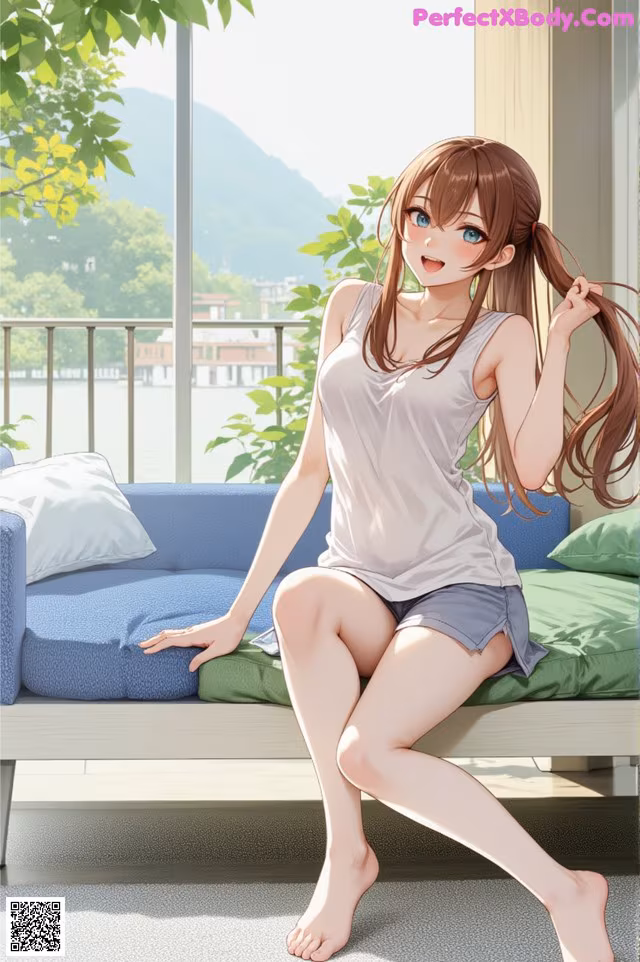 A woman sitting on a couch in front of a window.