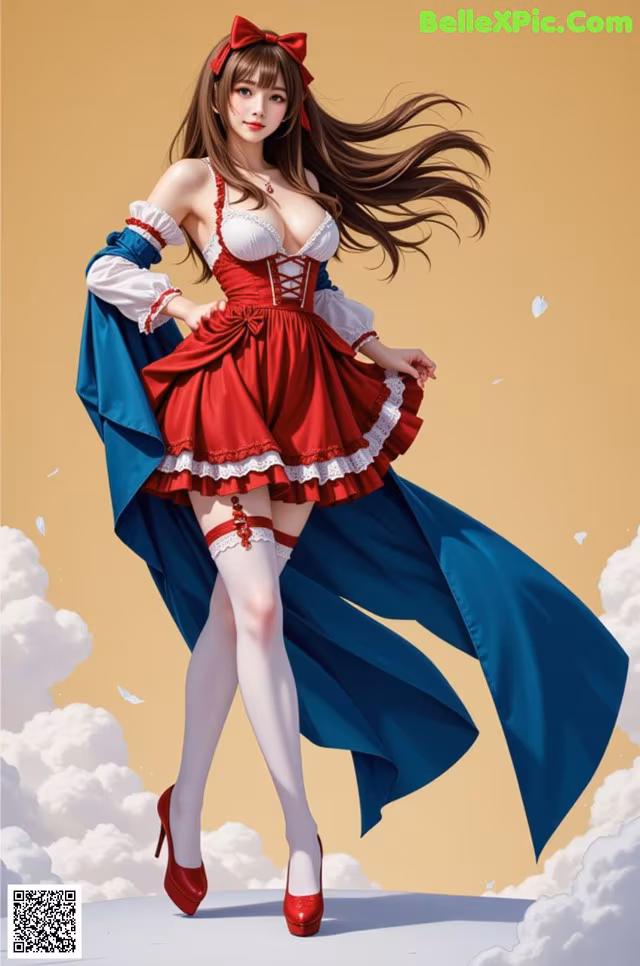A woman in a red and white dress is standing in the clouds.