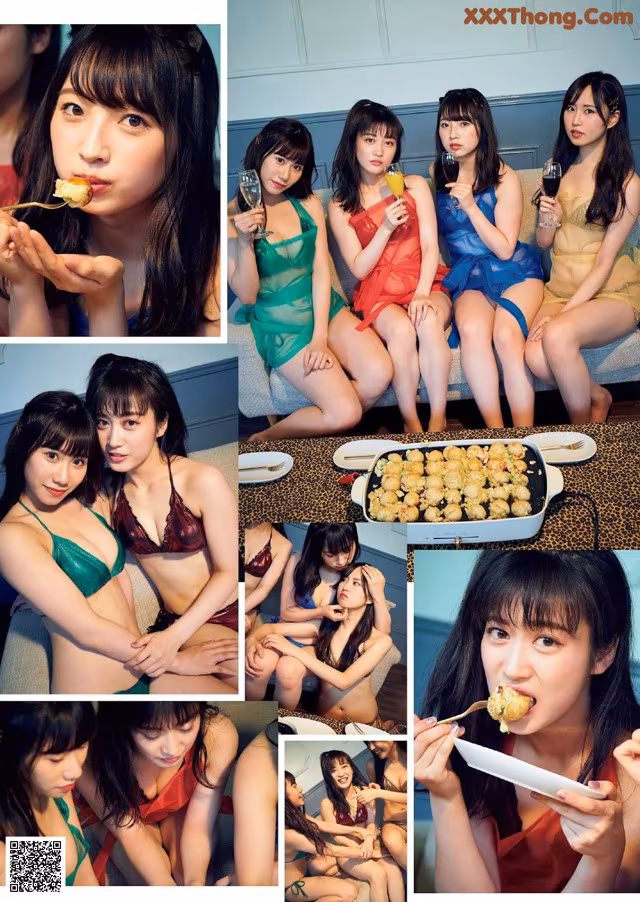 A group of women sitting on top of a couch eating food.