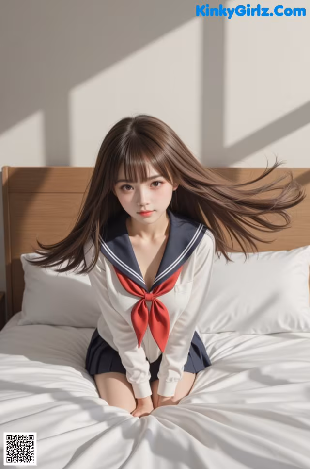 A woman in a sailor outfit sitting on a bed.