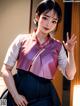 A woman in a pink shirt and black skirt posing for a picture.