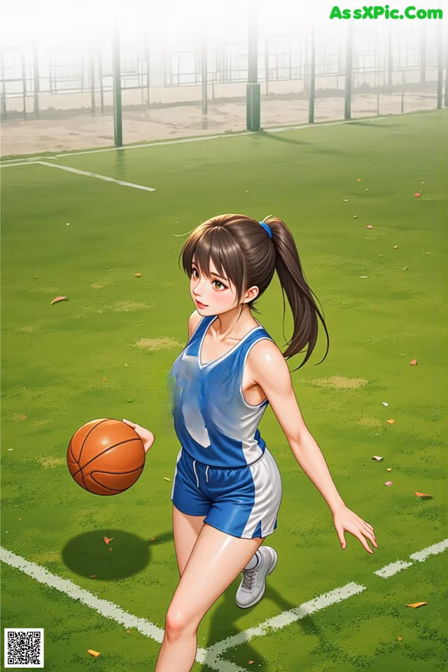 A girl in a blue and white uniform holding a basketball.