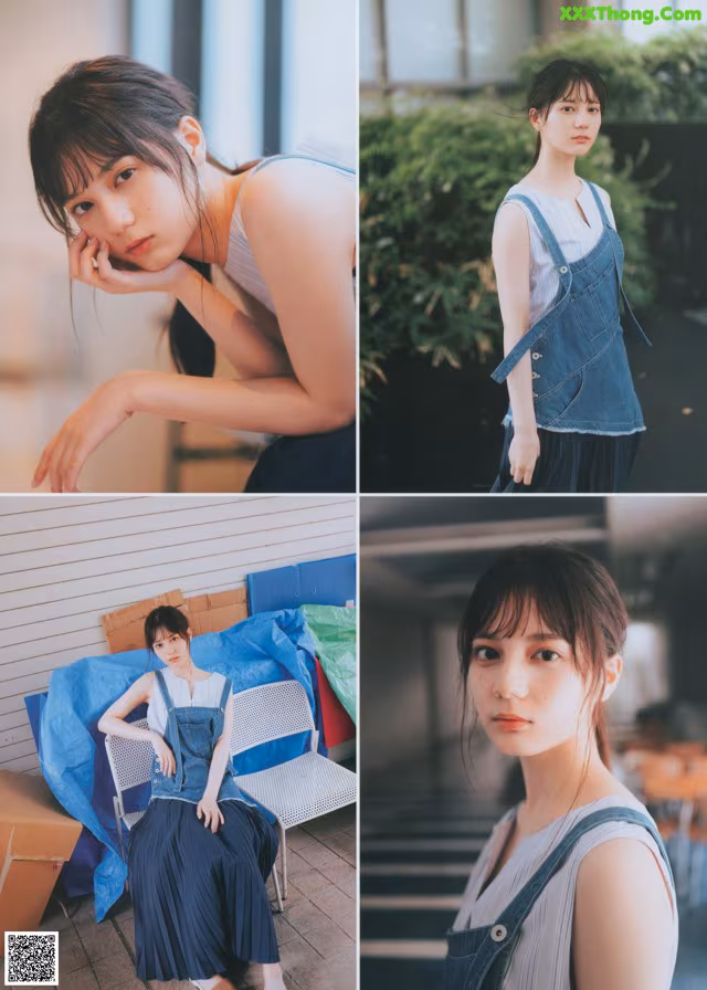 A collage of photos of a woman sitting on a chair.