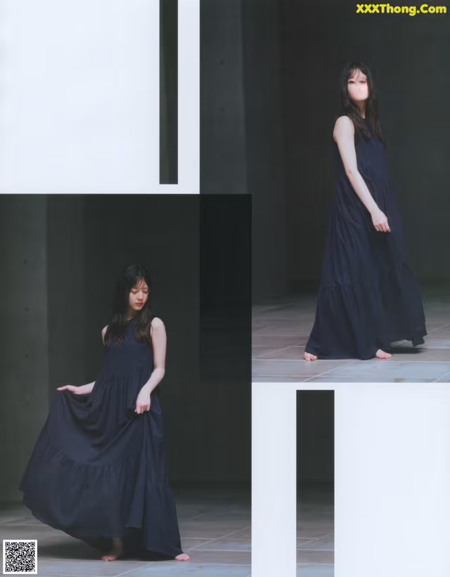 A woman in a long black dress standing in a room.
