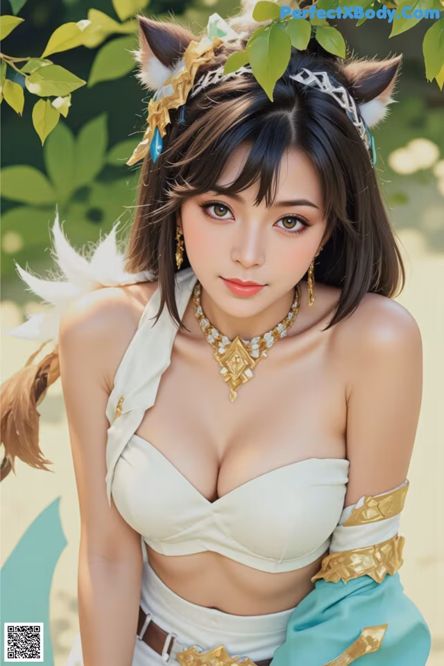 A woman in a white and blue outfit posing for a picture.