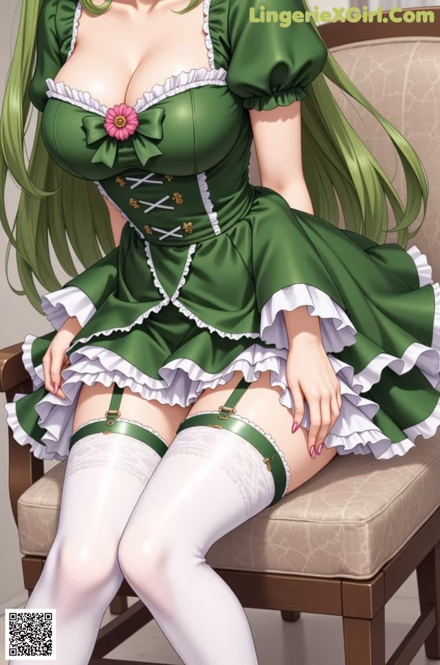A woman in a green dress sitting on a chair.