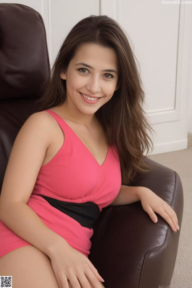 A woman in a pink dress sitting on a brown chair.