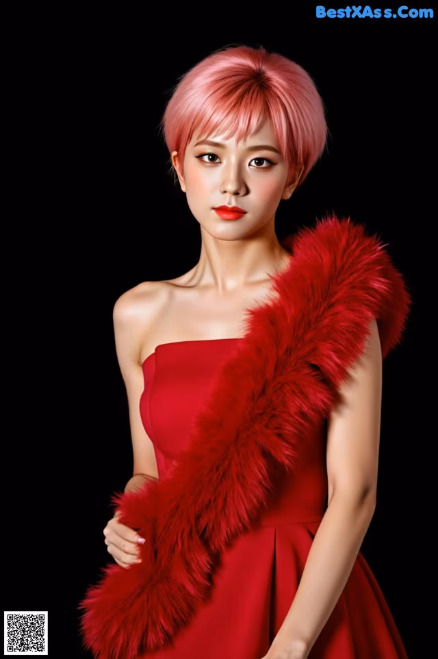 A woman in a red dress holding a red feather boa.