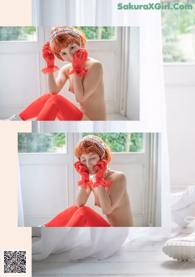 A woman in a red lingerie sitting on a window sill.