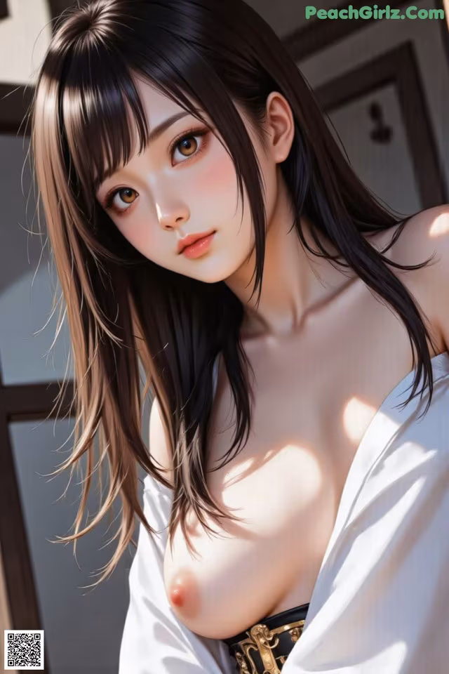 A woman with long dark hair and a white top.