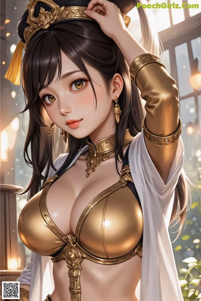 A woman in an ornate golden outfit with flowing white fabric.