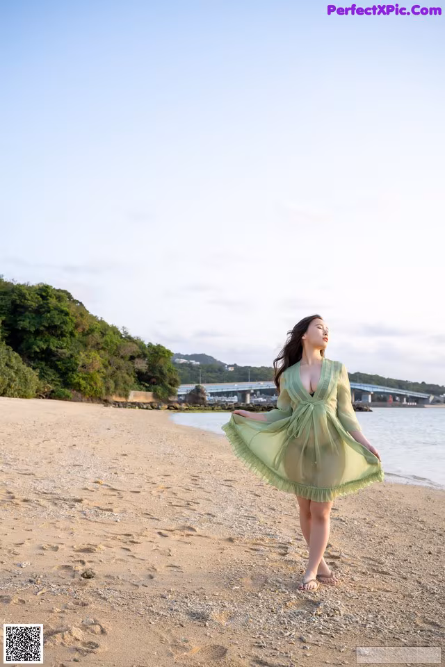 A woman in a green dress standing on a beach.