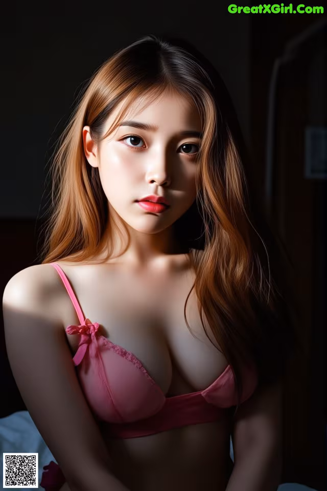 A woman in a pink bra sitting on a bed.