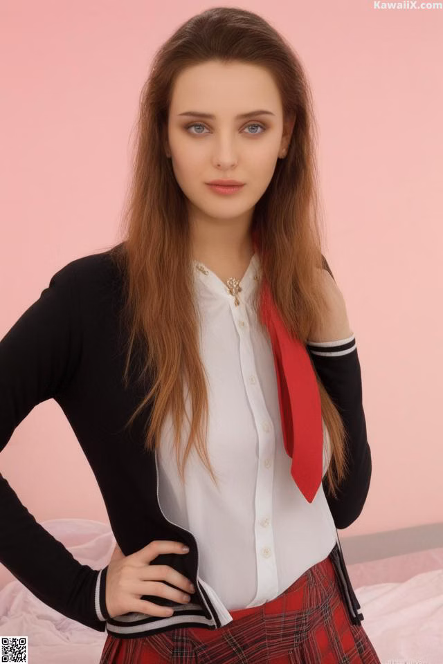A young woman in a school uniform posing for a picture.