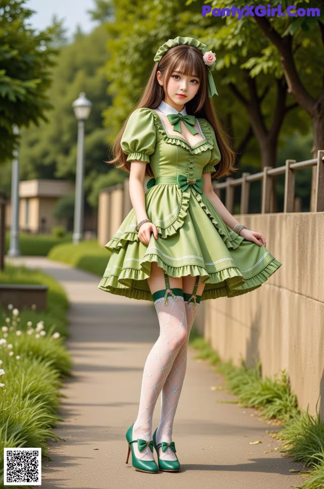 A woman in a green dress is posing for a picture.