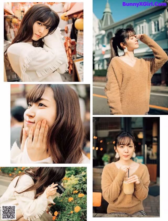 A collage of photos of a woman with long brown hair.
